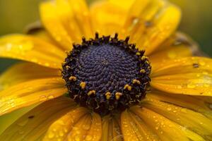 a  of a yellow flower with water droplets background photo