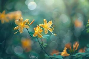 Yellow Flowers in the Forest with Blurry Bokeh Background photo
