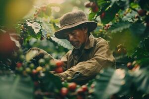 old man picking coffee beans from the trees background photo