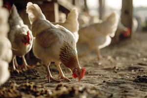 chickens in a barn eating from the ground with nature background photo