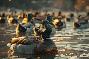 a duck swimming in a lake with nature background photo