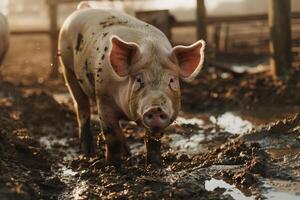 pigs in a mud pit at a farm with nature background photo