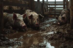 three pigs are standing in a muddy stall with nature background photo