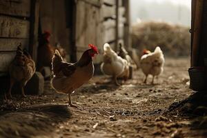 a group of chickens walking in a dirt area with nature background photo