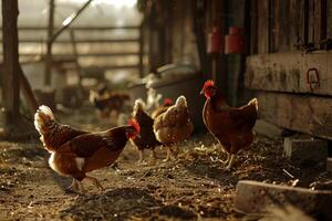 a group of chickens walking in a barn with nature background photo