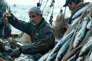 a man is holding a fish while another man is standing on the boat with nature background photo