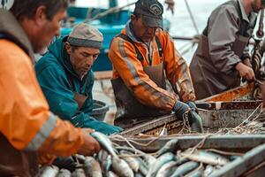 three men are working on a boat with fish with nature background photo