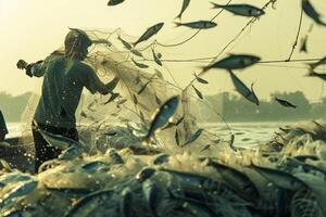fishermen catch fish in the net with nature background photo