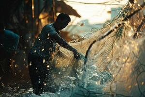 a man is throwing a net into the water with nature background photo