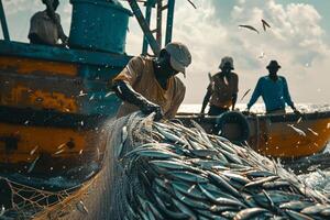 fishermen in the ocean with a net full of fish with nature background photo