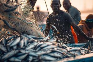 a man is standing in front of a boat full of fish with nature background photo