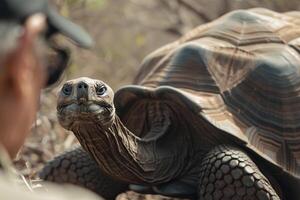 a man is looking at a tortoise with nature background photo
