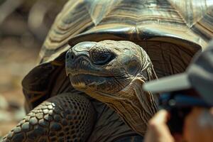 a man taking a picture of a tortoise with nature background photo