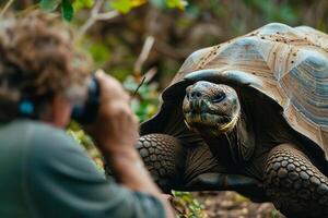 a man taking a photo of a tortoise with nature background
