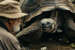 a man is looking at a large tortoise with nature background photo