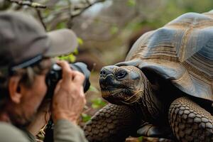 a man taking a photo of a tortoise with nature background