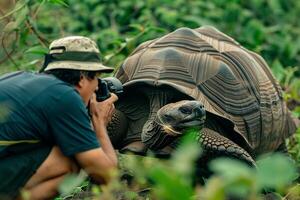 a man taking a photo of a tortoise with nature background