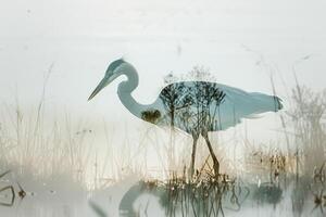a white heron standing in the water with tall grass and nature background photo