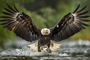 an eagle with its wings spread out and catching a fish photo