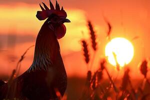 a rooster is standing in a field with a sunset in the background photo
