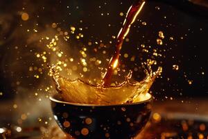 Cup of Coffee Being Poured into a Black Cup Background photo