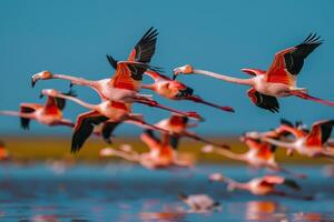 Flock of Flamingos Flying over a Body of Water Background photo