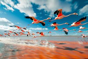 Flock of Flamingos Flying over a Body of Water Background photo
