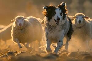 Dog Running with Sheep in Field Background photo