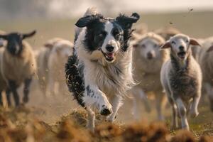 Dog Running with Herd of Sheep Background photo