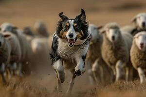 Dog Running with Herd of Sheep in Field Background photo