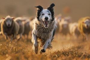 Dog Running Through Field with Sheep Background photo