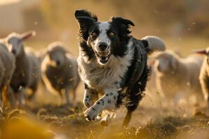Dog Running Through Field with Sheep Background photo