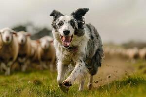 Dog Running in Field with Herd of Sheep Background photo