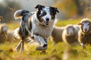 Dog Running in Field with Sheep Background photo