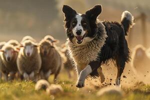 Dog Running Through Herd of Sheep Background photo