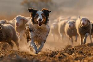 Dog Running with Herd of Sheep Background photo