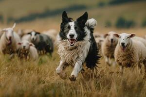Dog Running Through Field with Herd of Sheep Background photo