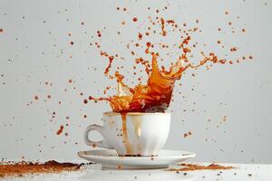 Coffee Cup with Coffee Splash and Grounds on White Background photo