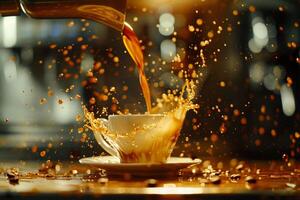 Coffee Pouring into Cup on Table Background photo