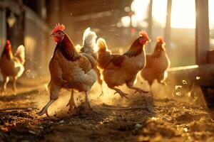 Group of Chickens Running around in Barn Background photo