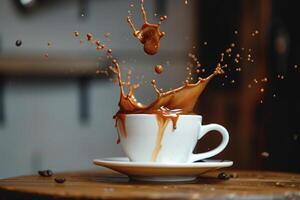 A cup of coffee with chocolate splashing into it, background photo