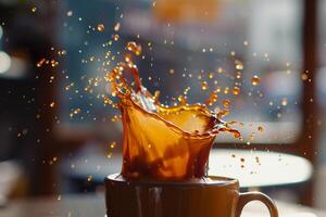 A cup of coffee with a splash of liquid, background photo