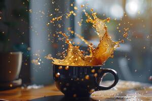 A cup of coffee being splashed with liquid, background photo