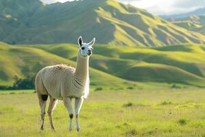 A llama standing in a field with mountains in the background, background photo