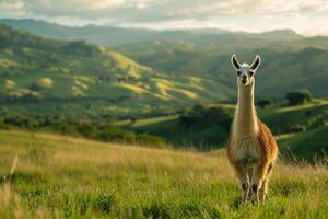 A llama stands in the grass on a hillside, background photo