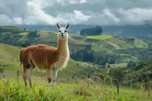 A llama stands in a field with hills in the background photo