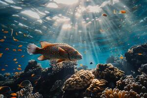 An underwater scene with a fish and coral reef, background photo