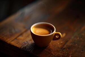 A cup of coffee on a wooden table, background photo