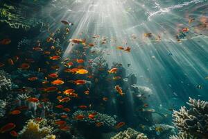 Underwater scene with rays of light shining through coral reef, background photo