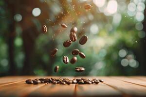Coffee beans falling from the sky, background photo